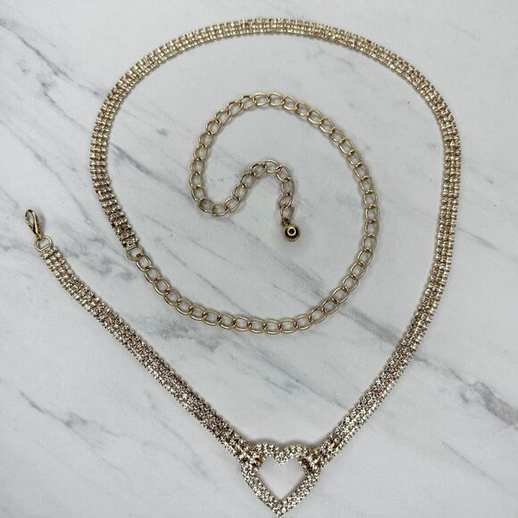 Rhinestone Heart Gold Tone Chain Link Belt Y2K Style One Size (OS) ✨ - Picture 1 of 16